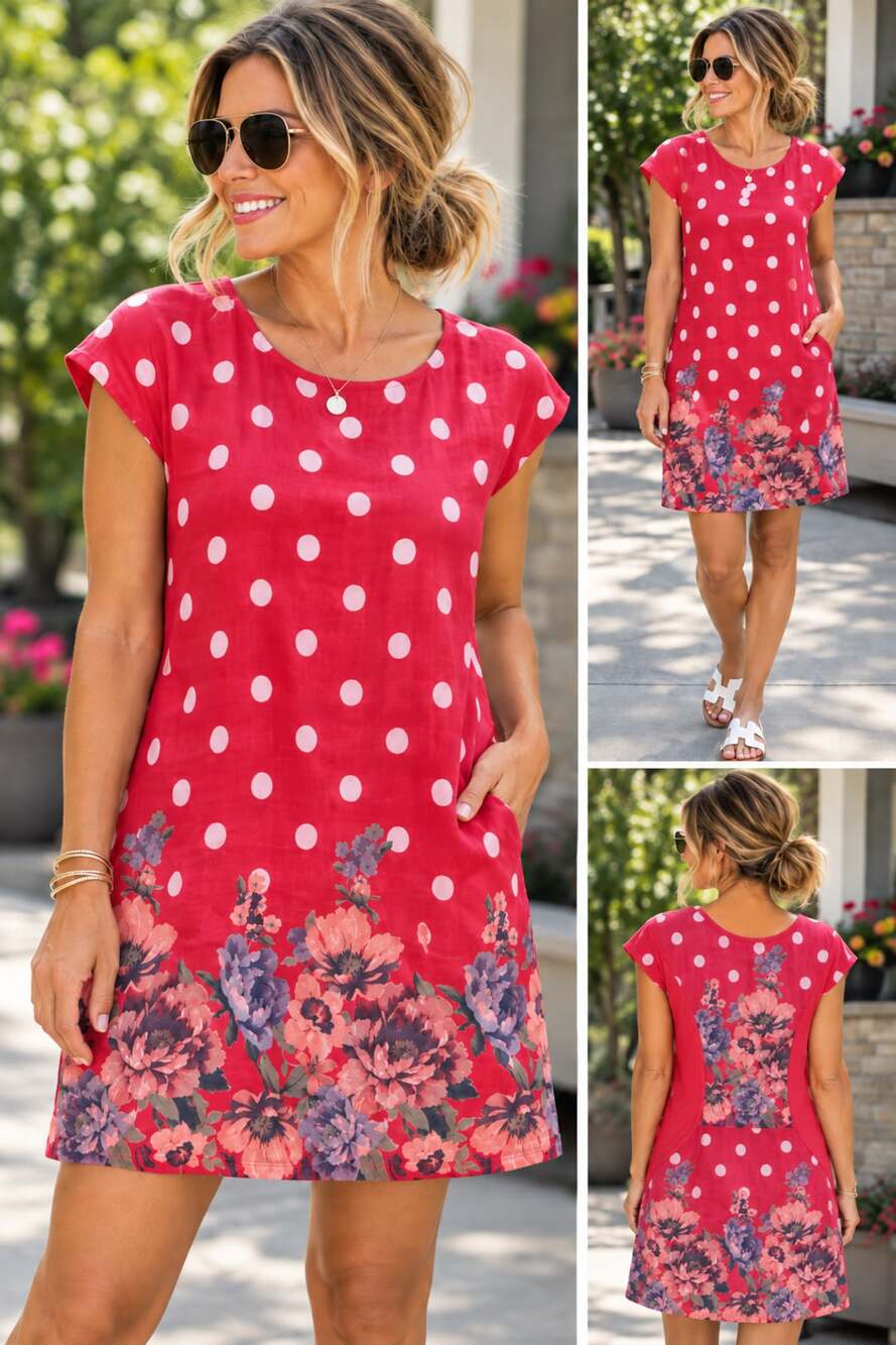 Made in Italy Polka Dot Floral Dress Red Linen